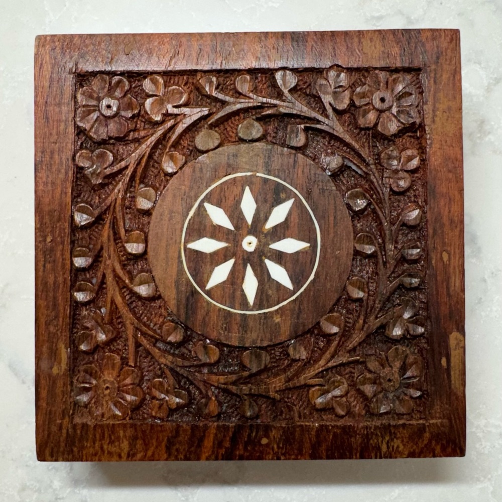 Indian hand-carved wooden jewelry box 4” x 4” trinket box decor